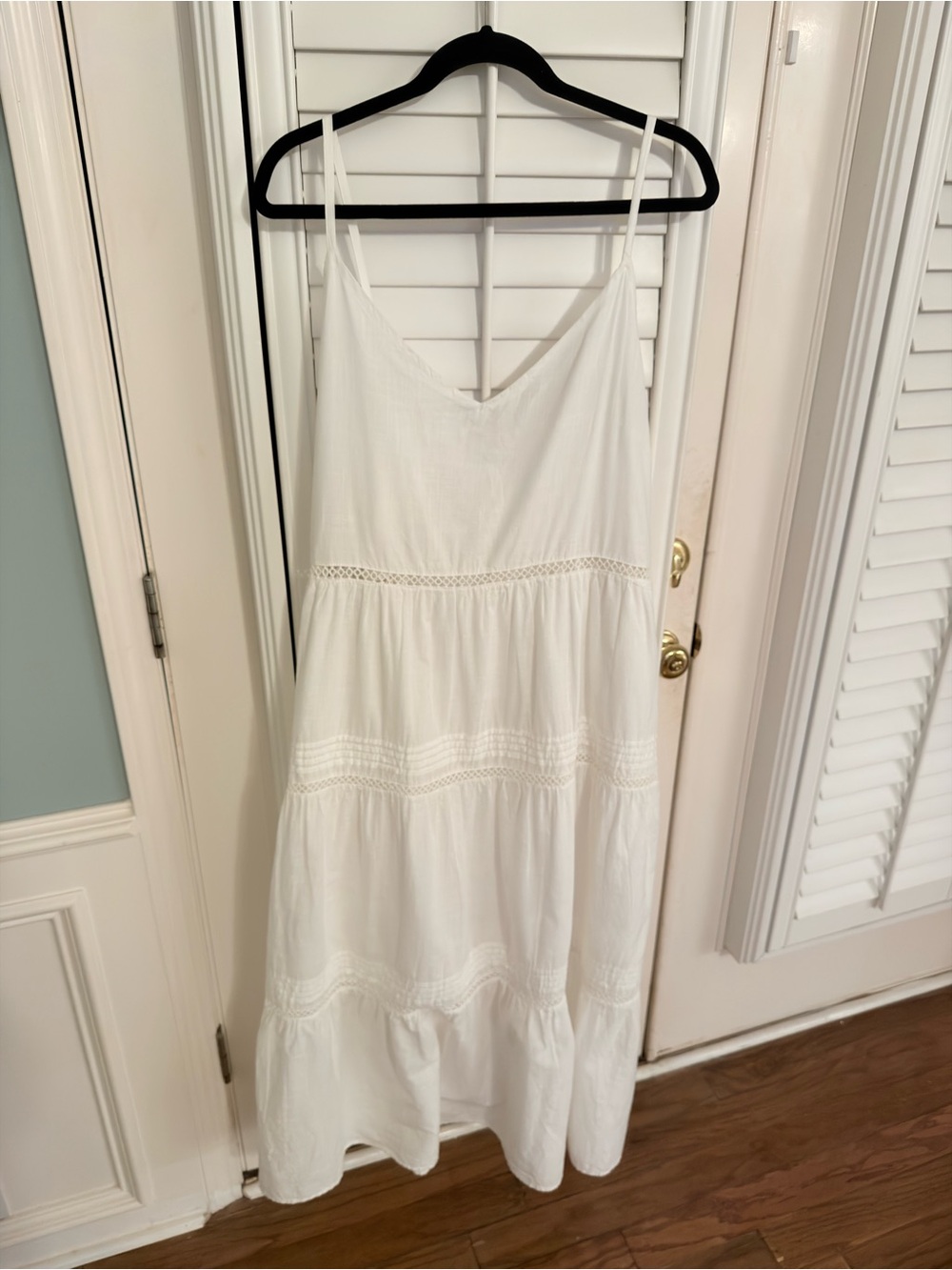 H&M White Spaghetti-Strap V-Neck Cotton Tiered Maxi Dress